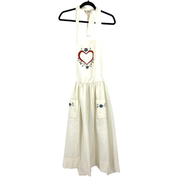 Vintage Cream Long Apron Hand Embroidered Heart + Flowers Two Pockets Tie Waist - Picture 1 of 6